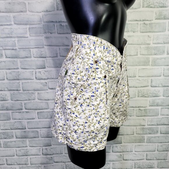 Vintage 90s Grass Raggs Ditsy Floral Print Denim Hi Paper Bag Waist Jeans Shorts - Picture 3 of 10